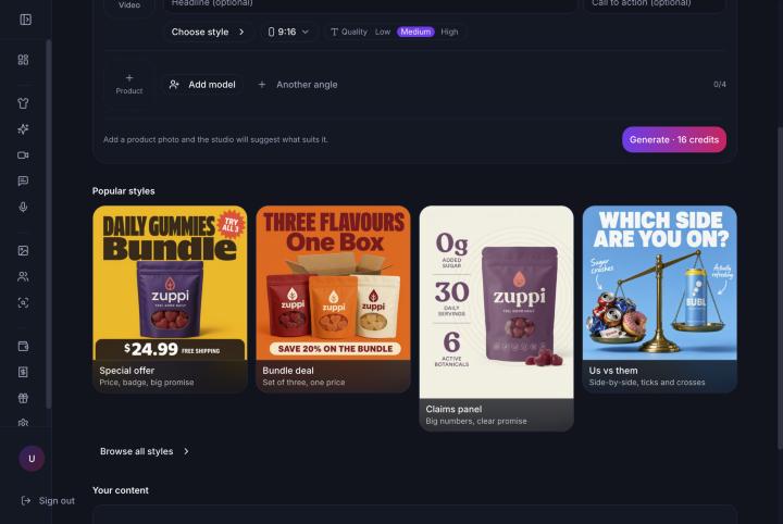 Ad Studio showing popular ad styles including special offer, bundle deal, claims panel and us-versus-them comparison layouts
