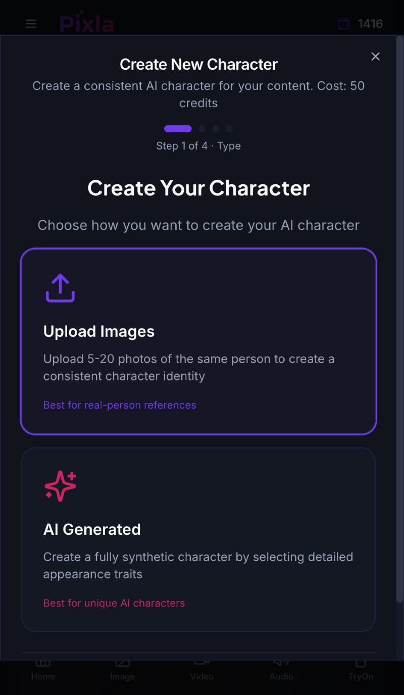 Step 1 of the Create New Character wizard offering Upload Images for real-person references or AI Generated for a fully synthetic character