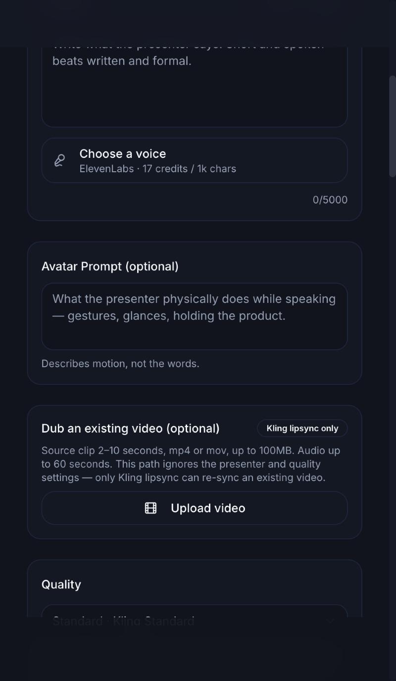 The voice picker showing ElevenLabs at 17 credits per 1k characters, the Avatar Prompt field for describing motion, and the optional dub-an-existing-video panel